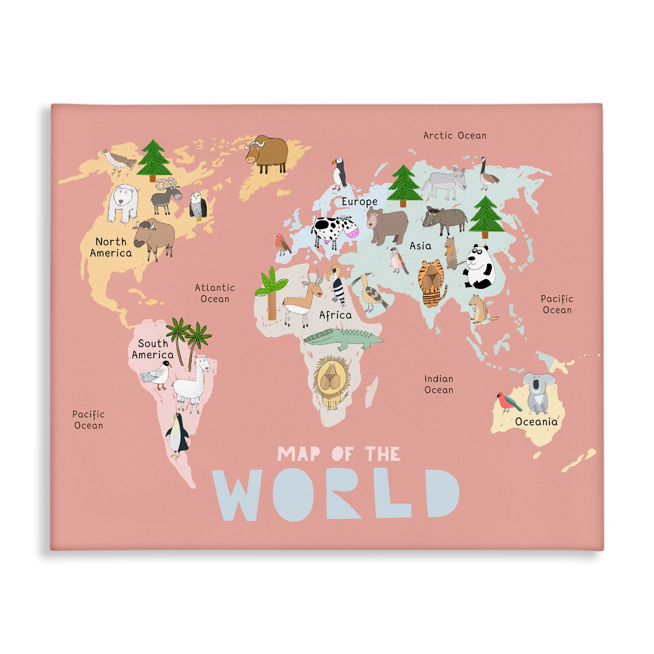 Stupell Industries Kid's Map Of World Pink Canvas, design by Carla Daly